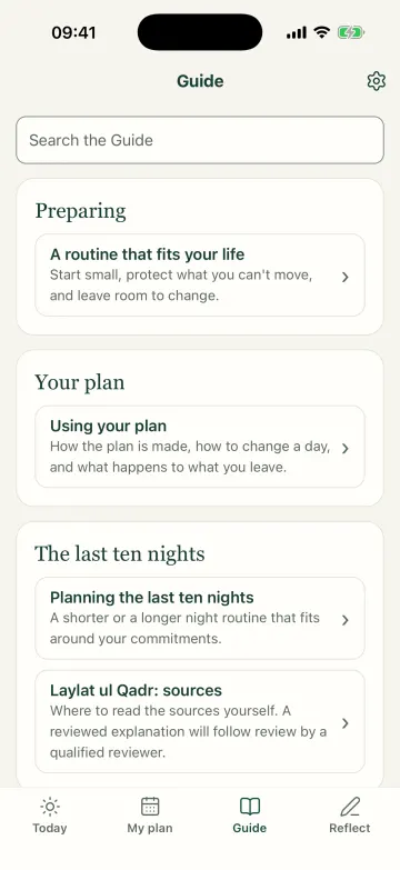 The Guide: guides for preparing, using your plan and the last ten nights, and Laylat ul Qadr source links awaiting review