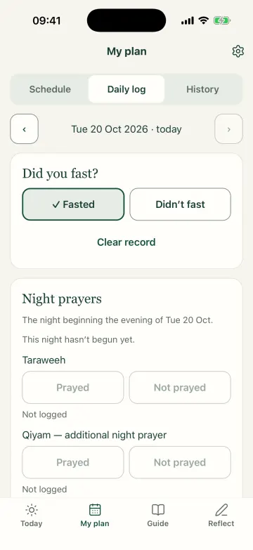 The daily log for today: Fasted recorded, and Taraweeh and Qiyam for the night ahead
