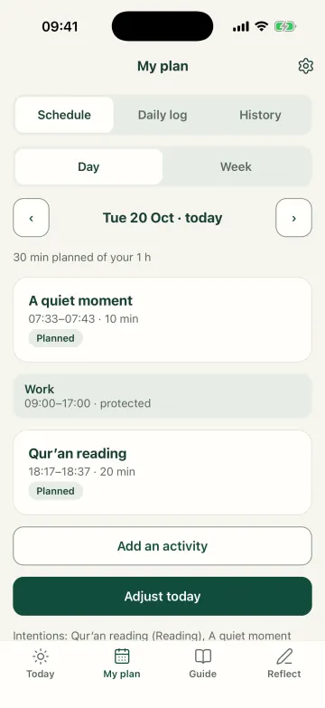 My plan for today: a quiet moment in the morning, protected work from 9:00 to 17:00, and Qur’an reading after Iftaar
