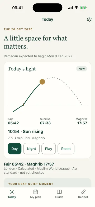 The Darb Ramadan Today screen from the app in development: the sun and moon guide with Fajr, sunrise and Maghrib, with sample data